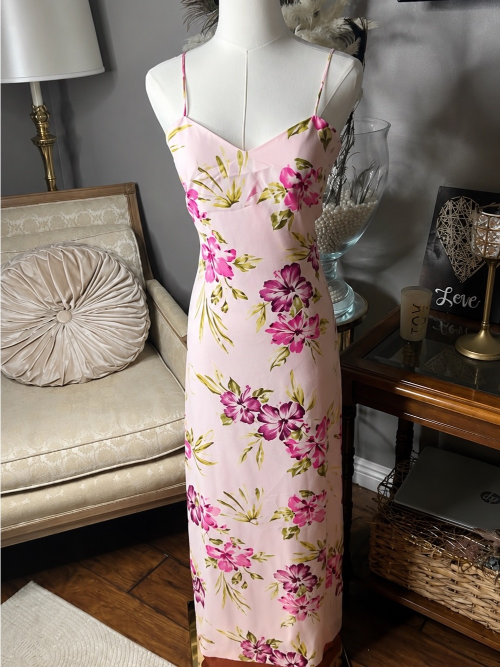 Vintage Tommy Bahama Pink Floral Satin Linen Slip Dress Y2K Resort Luxe 90’s🌸